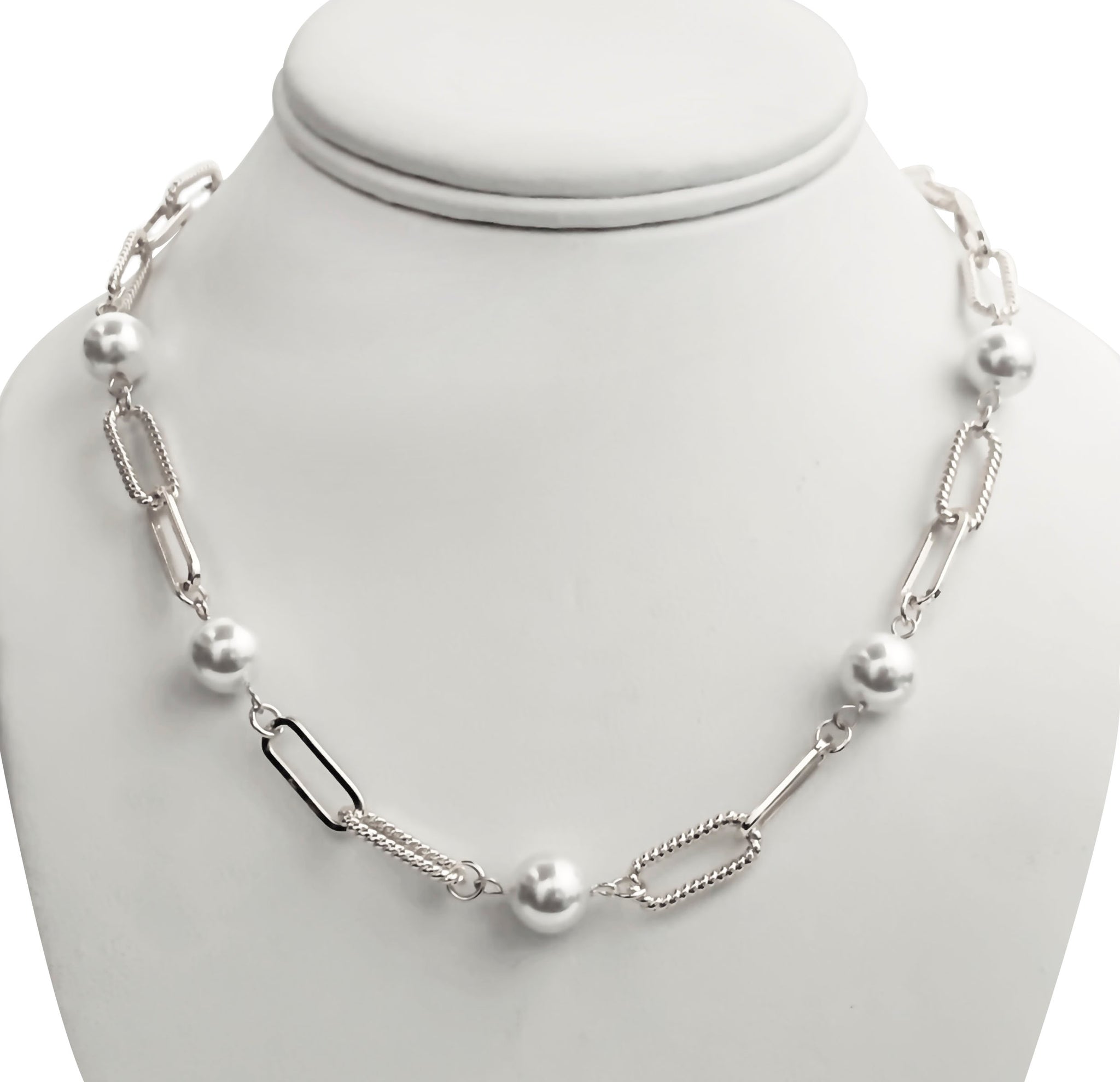 Adorable Marbella Style Paperclip & Cable Chain Pearl Necklace.